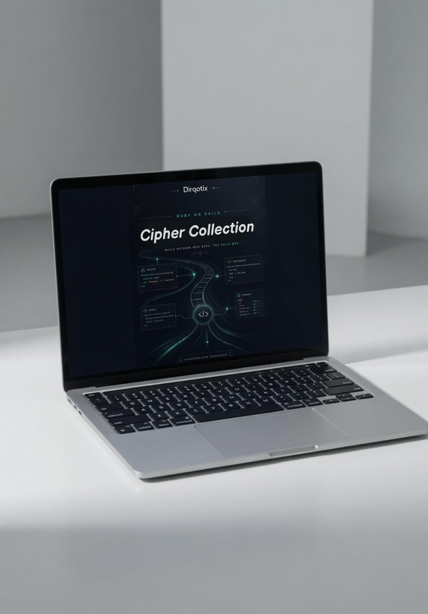 Laptop on a white surface with a dark screen displaying 'Cipher Collection'.