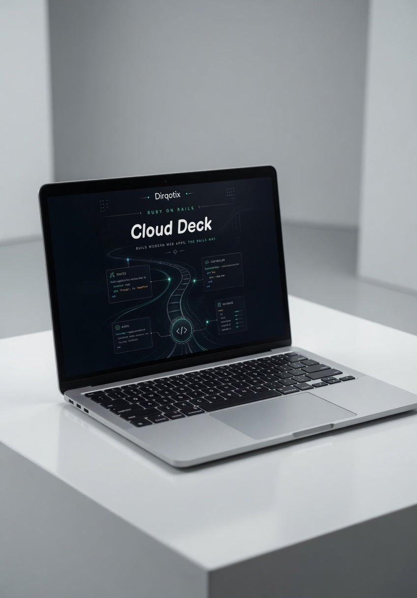 Laptop on a white surface with 'Cloud Deck' displayed on the screen
