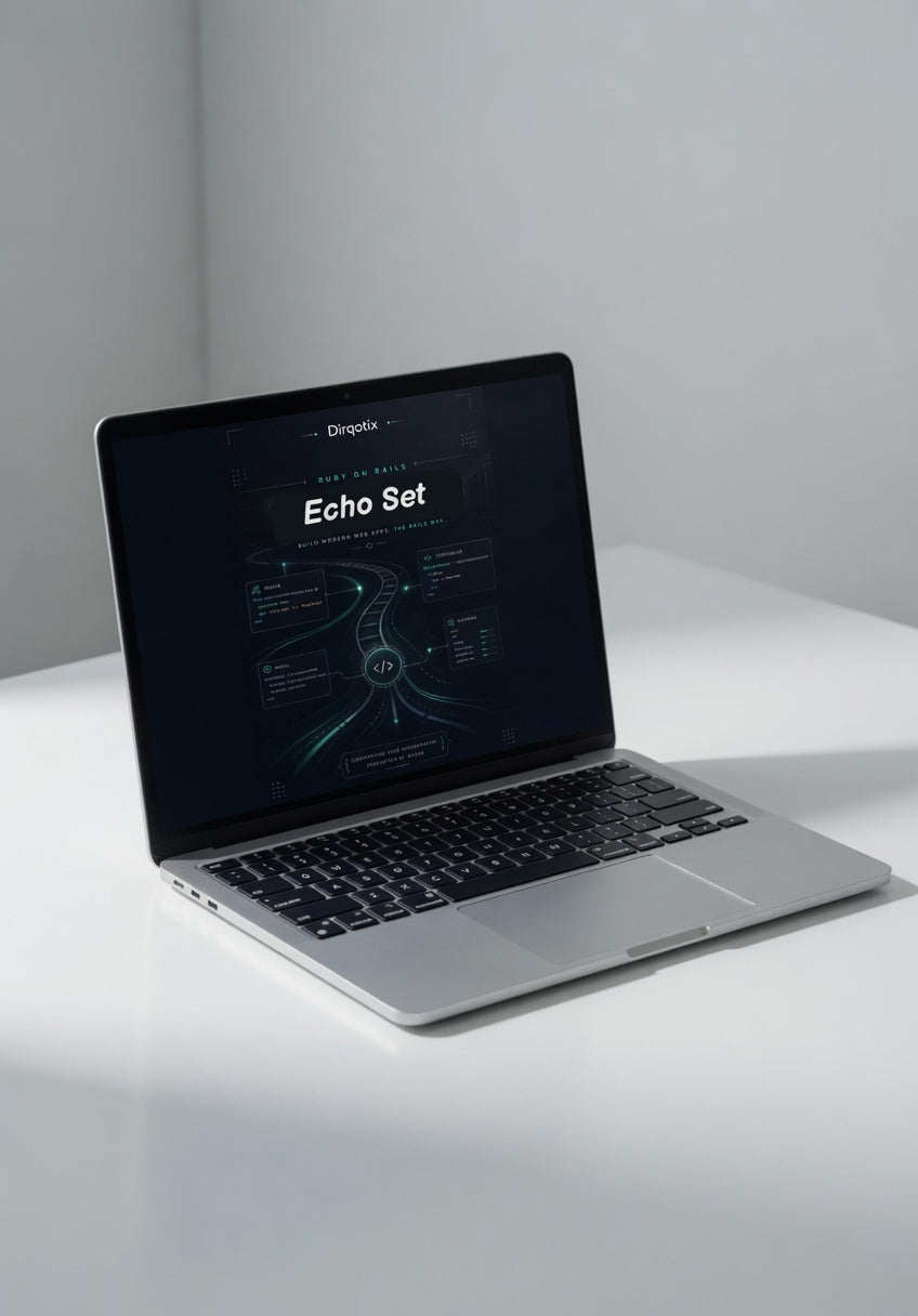 Laptop on a white surface with a dark screen displaying text.