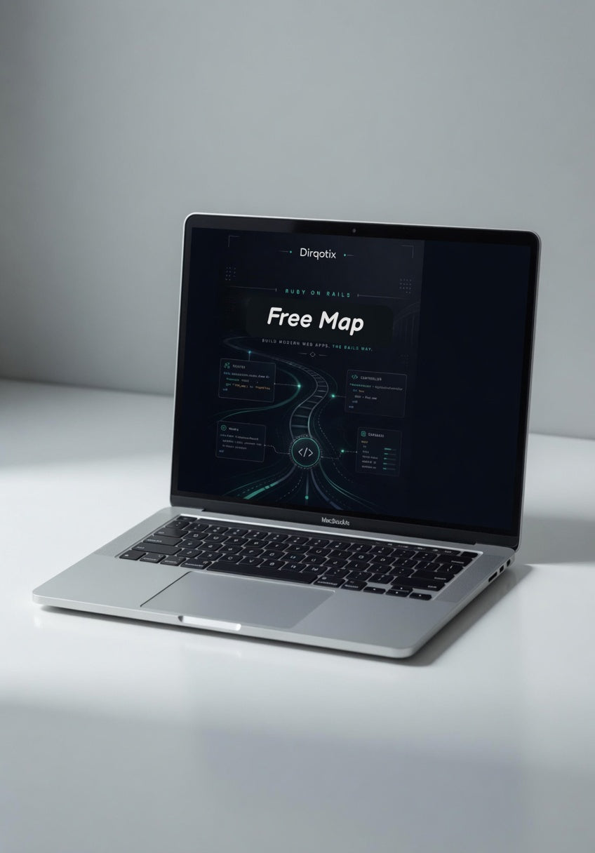 Laptop on a white surface with a dark screen displaying 'Free Map' text.