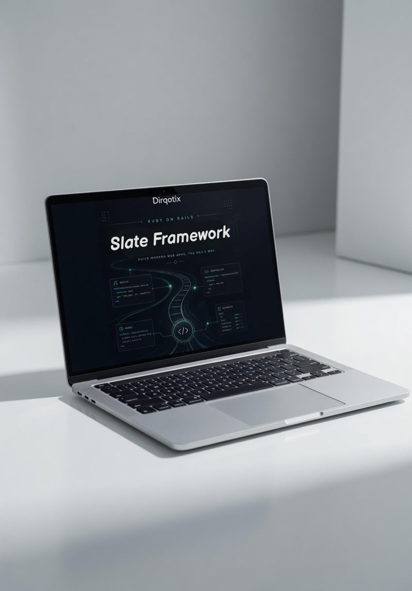 Laptop on a white surface with a dark screen displaying 'Dingotix Slate Framework'.