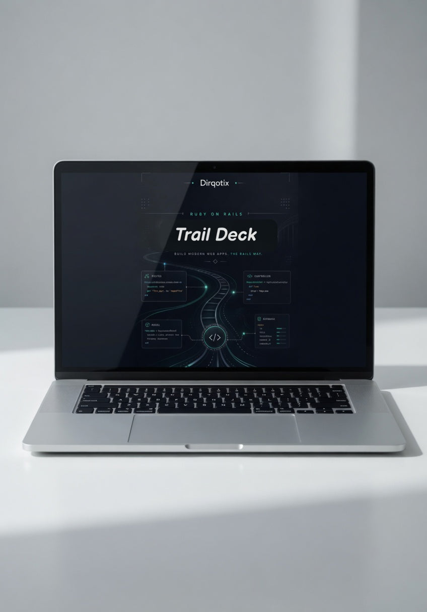 Laptop on a white surface with a dark screen displaying 'Trail Deck'.