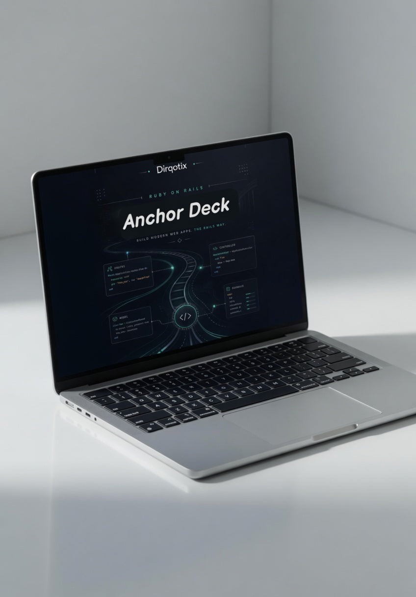 Laptop on a white surface with a dark screen displaying 'Anchor Deck' and 'Digeplex'.