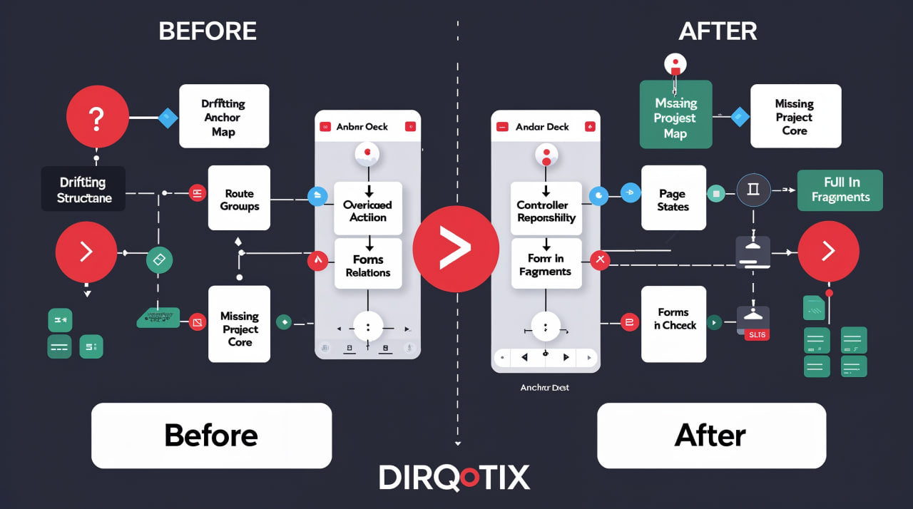 Before and after comparison diagram of software development process with Dirqotix branding.