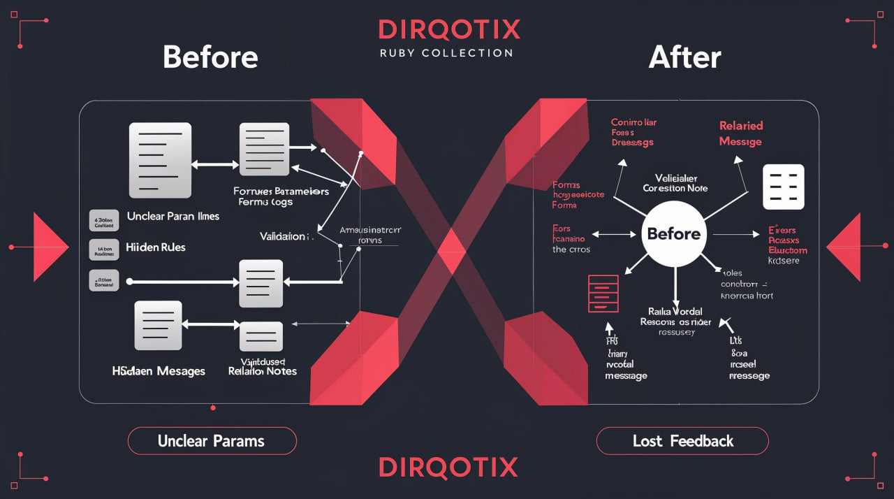 Comparison of 'Before' and 'After' diagrams for Dirqotix Ruby Collection with red X overlay