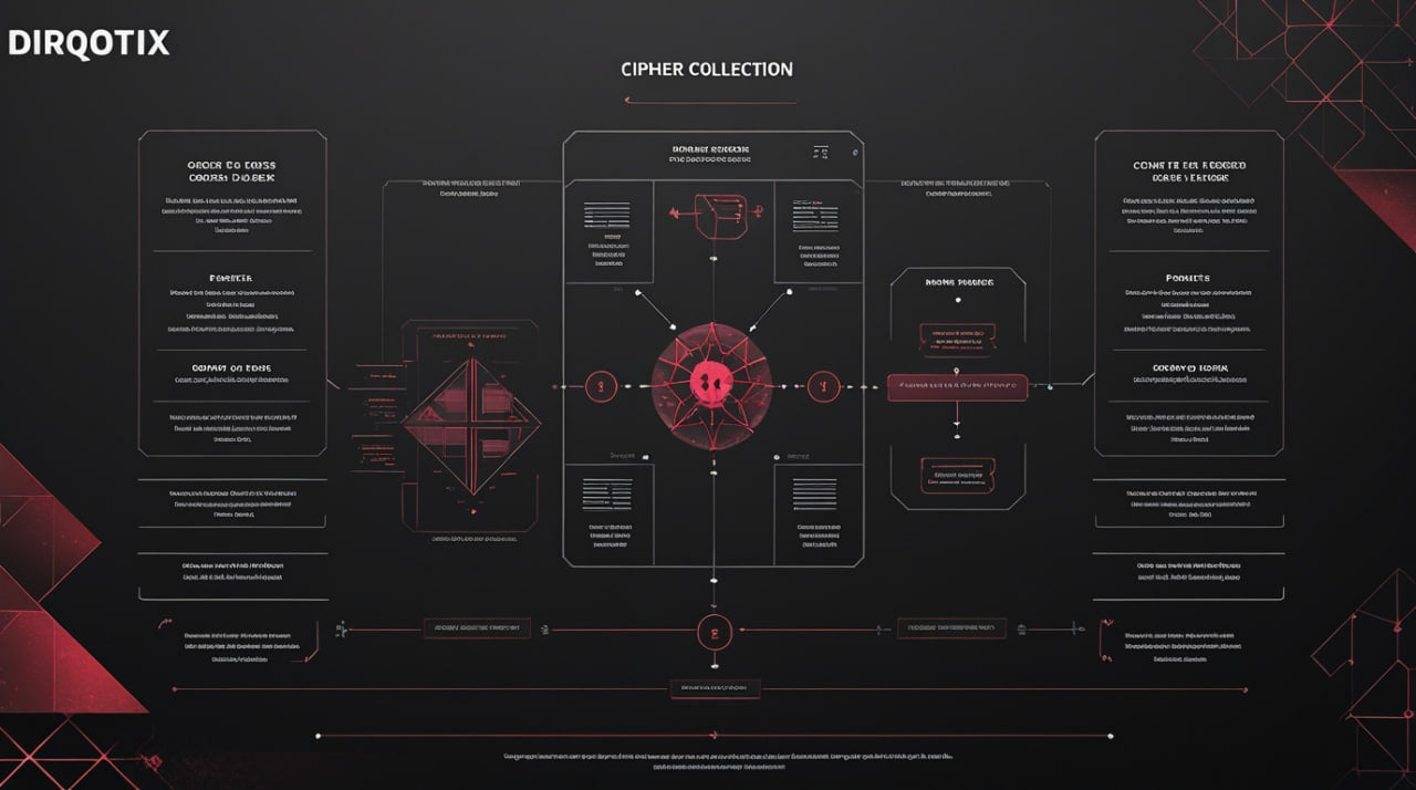Dirqotix Cipher Collection design with red and black elements on a dark background