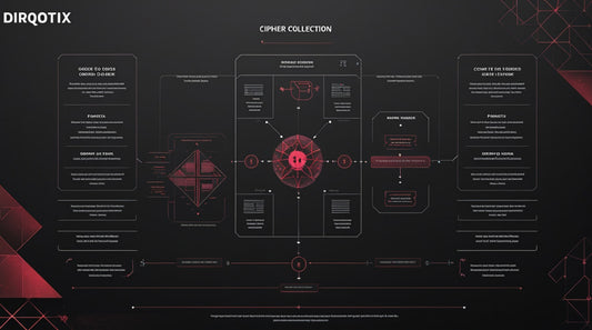Dirqotix Cipher Collection design with red and black elements on a dark background
