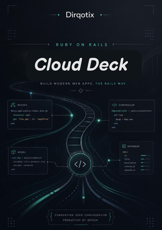Promotional graphic for Dirqotix Ruby on Rails Cloud Deck with technical diagrams and text on a dark background.