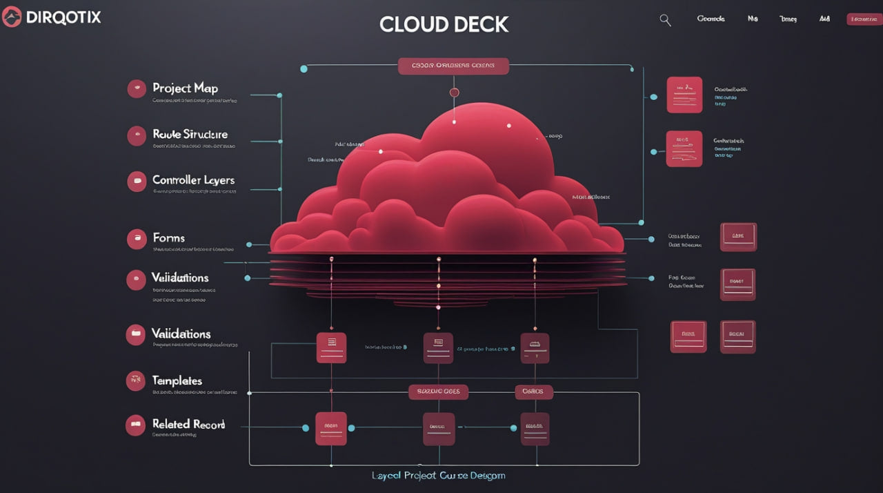 Diagram of a cloud-based system with various components on a dark background