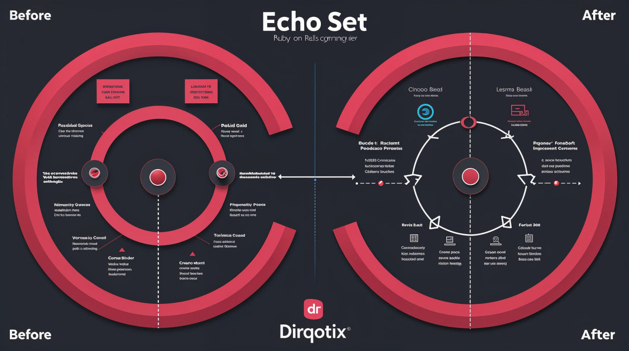 Before and after comparison of a Dirqotix product design with red circular elements and text.