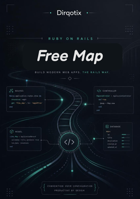 Promotional graphic for Dirqotix Ruby on Rails free map with technical diagrams and text.