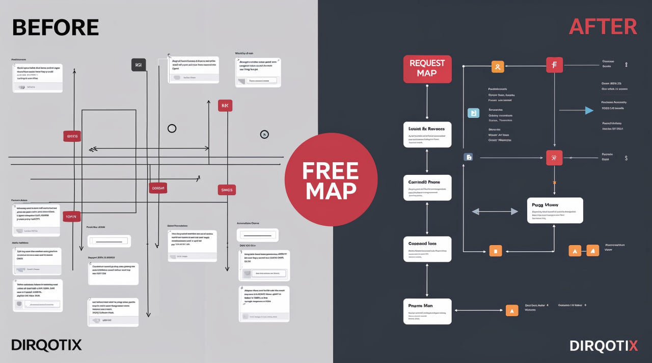 Before and after comparison of a process map with Dirqotix branding.