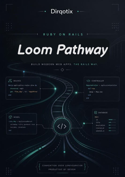 Promotional graphic for Dirqotix Loom Pathway with technical diagrams and text on a dark background.