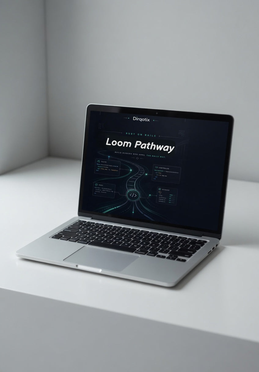 Laptop on a white surface with 'Loom Pathway' displayed on the screen