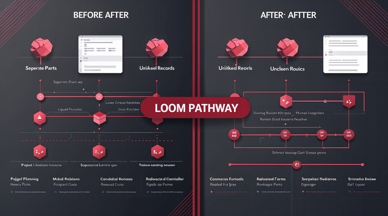 Diagram showing 'Before' and 'After' states with 'Loom Pathway' branding on a dark background.