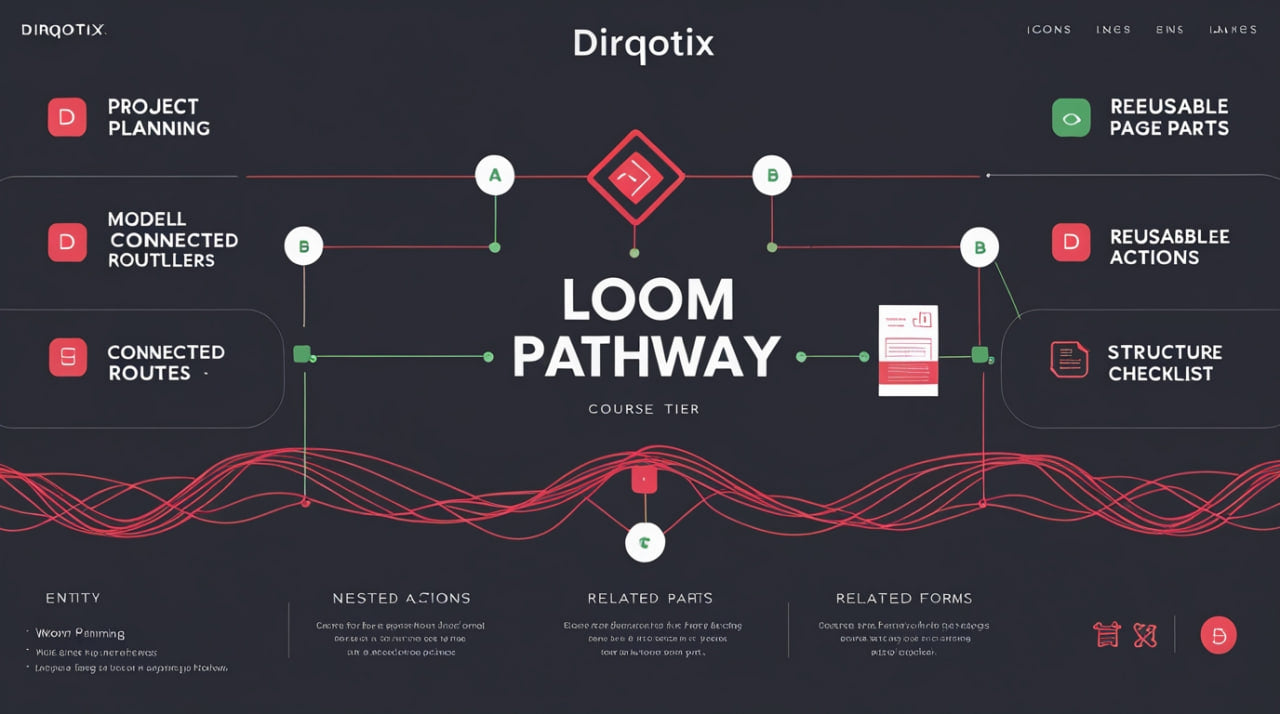 Dirqotix Loom Pathway course tier diagram with various components on a dark background