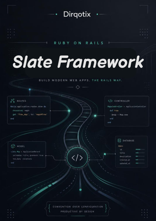 Promotional graphic for Dirqotix Slate Framework with technical design elements on a dark background.