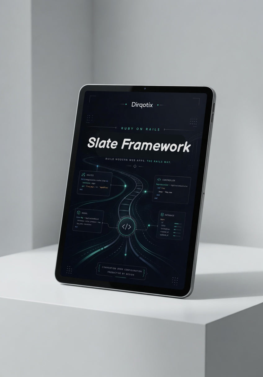 Tablet displaying 'Slate Framework' on a white surface with a gray background