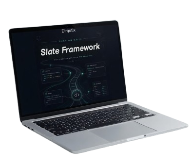 Laptop displaying a software framework on a white background