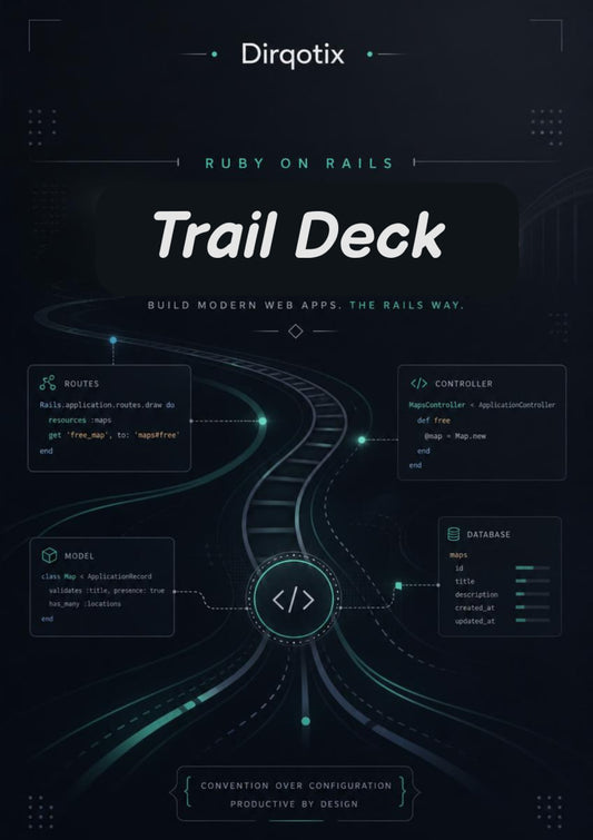 Promotional graphic for Dirqotix Ruby on Rails Trail Deck with technical diagrams and text on a dark background.