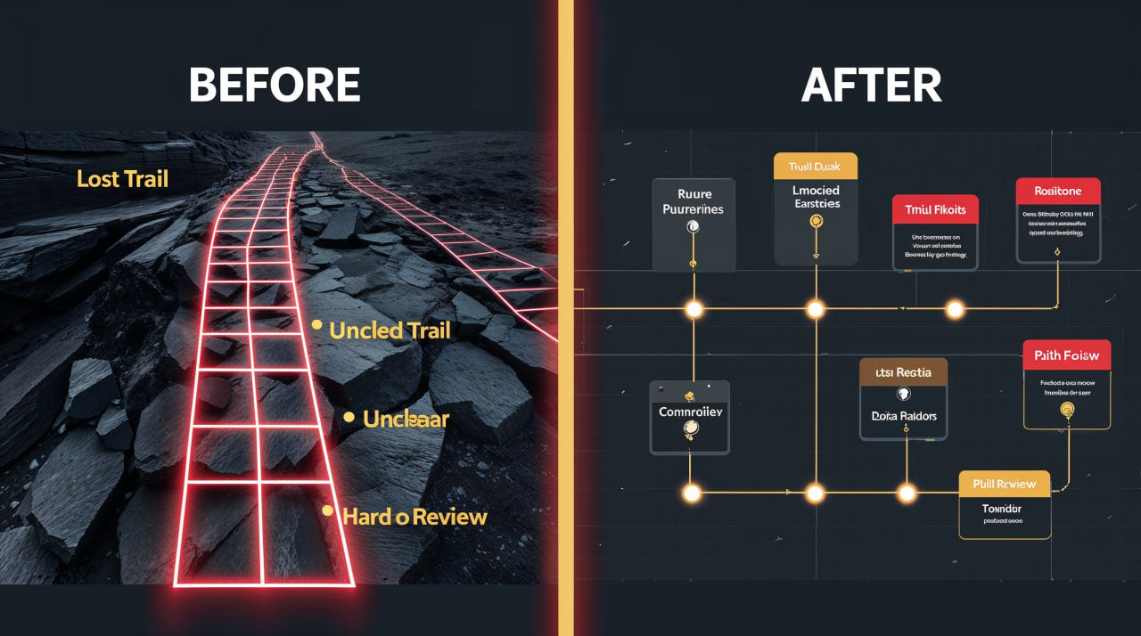 Comparison of a lost trail on rocks with a diagram labeled 'Before' and 'After' on a dark background.