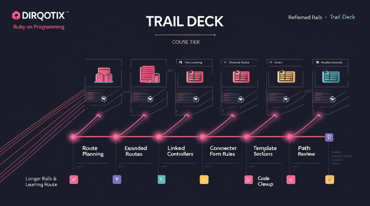 Diagram of a software development course tier titled 'Trail Deck' by Dirqotix on a dark background.