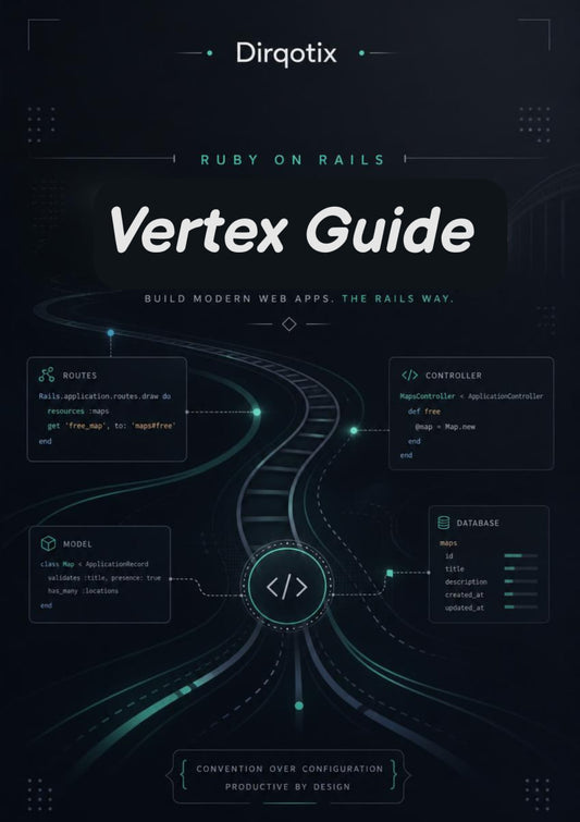 Cover of 'Vertex Guide' for Ruby on Rails by Dirqotix with technical diagrams and text on a dark background.