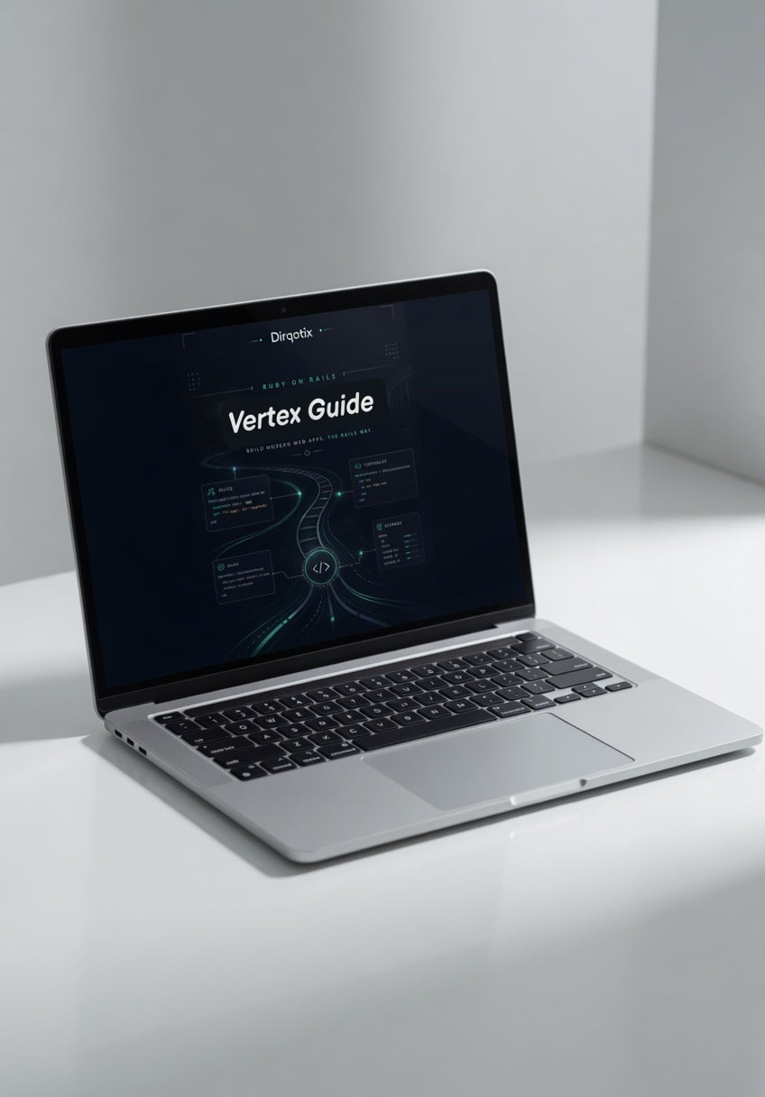 Laptop on a white surface with a dark screen displaying 'Vertex Guide'.
