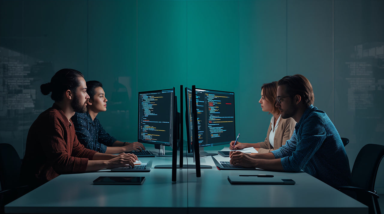Group of people working on computers in a dark room