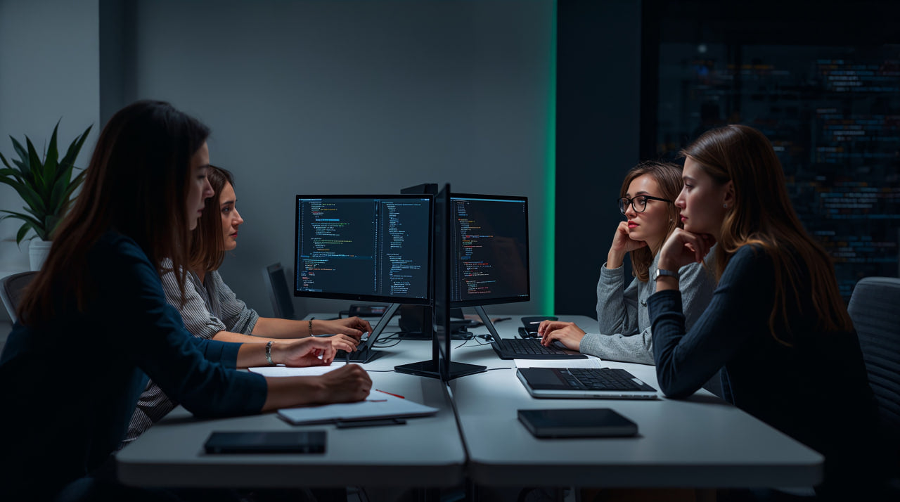 Group of people working on computers and comunicate about work