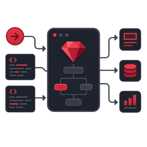 Smartphone with a red diamond icon surrounded by various icons and symbols on a white background