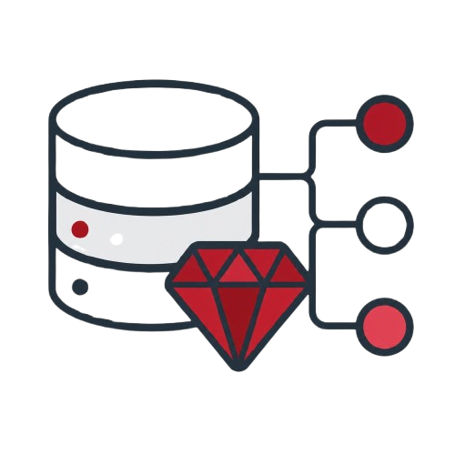 Icon of a database with a red gemstone and connected nodes on a white background