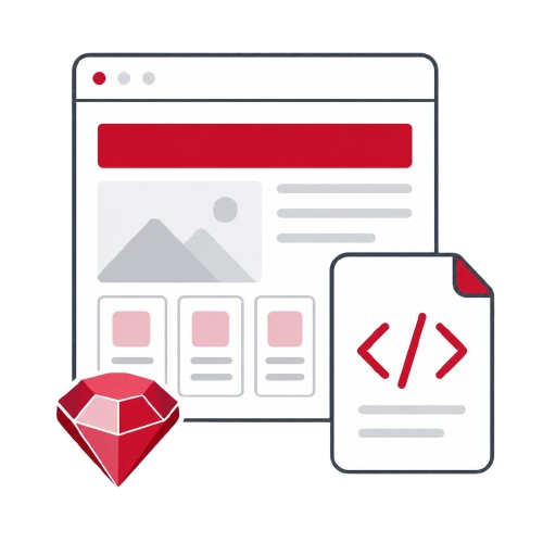 Illustration of a web browser, code snippet, and Ruby gemstone on a white background